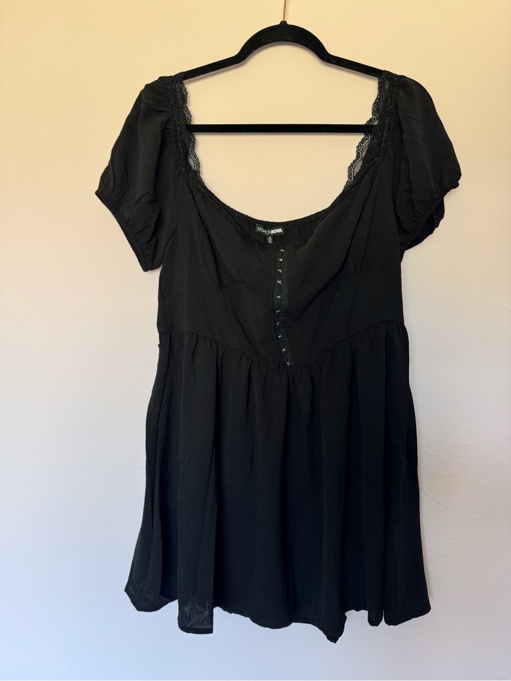 Fashion Nova Black Lace-Trim Button-Front Mini Dress